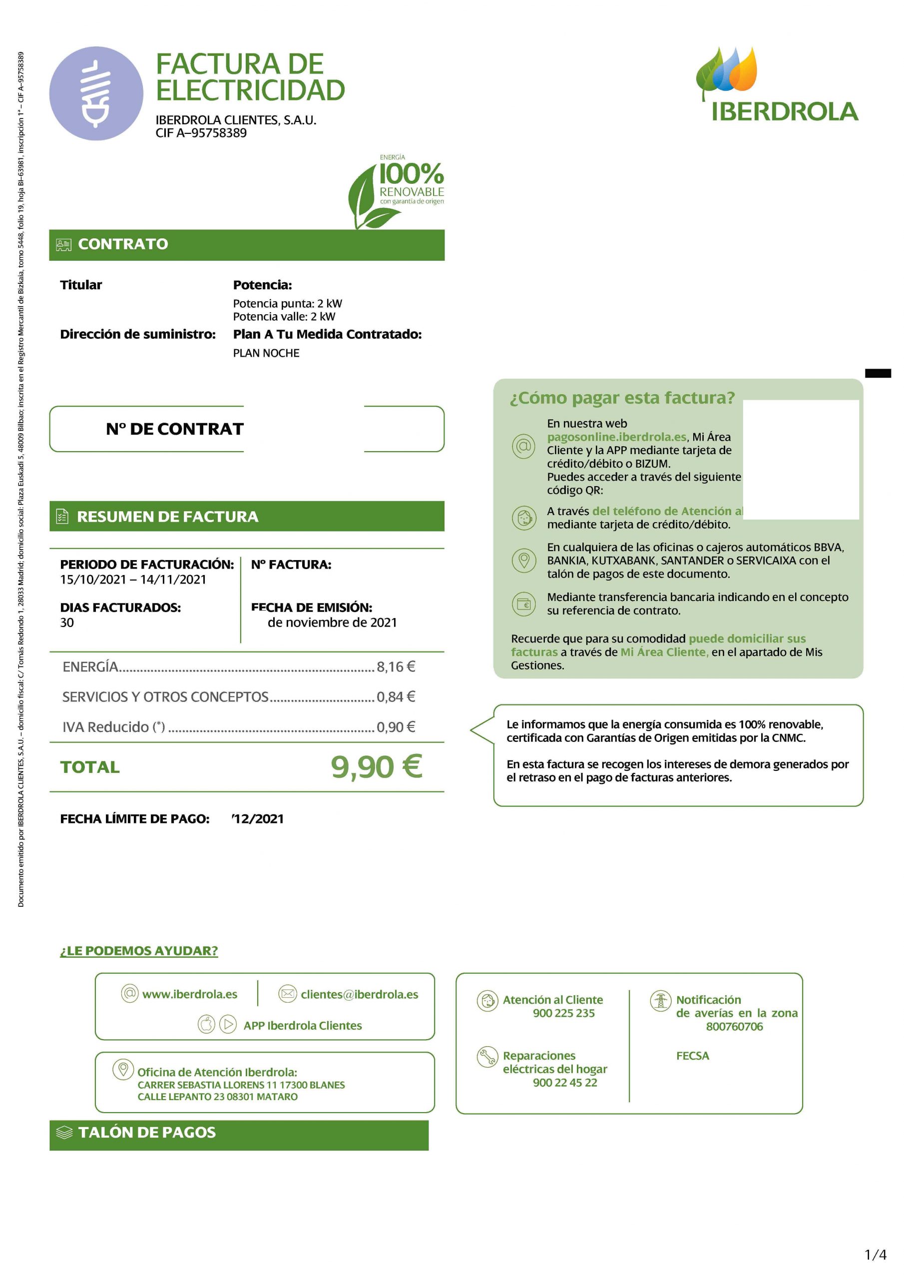 Factura Iberdora 9,90€ con placas solares
